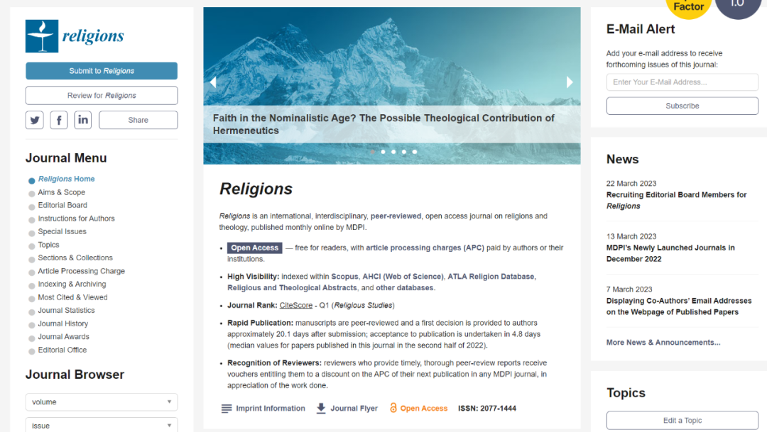 A&HCI期刊Religions组稿通知（截止日期2024年1月）